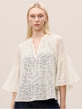 Rebecca Taylor Cream Lace Split-V Silk Tunic Relaxed Fit Sz 6 Boho Chic Cottage